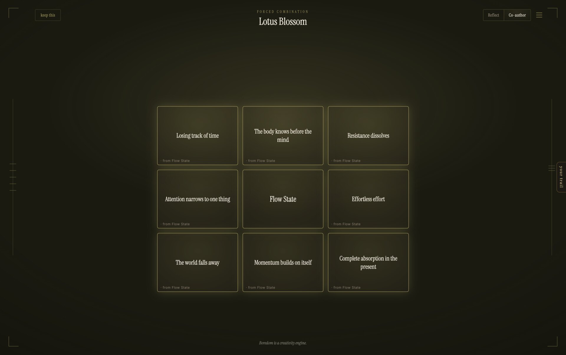 The Lotus Blossom technique, a three by three grid of ideas expanding from one theme